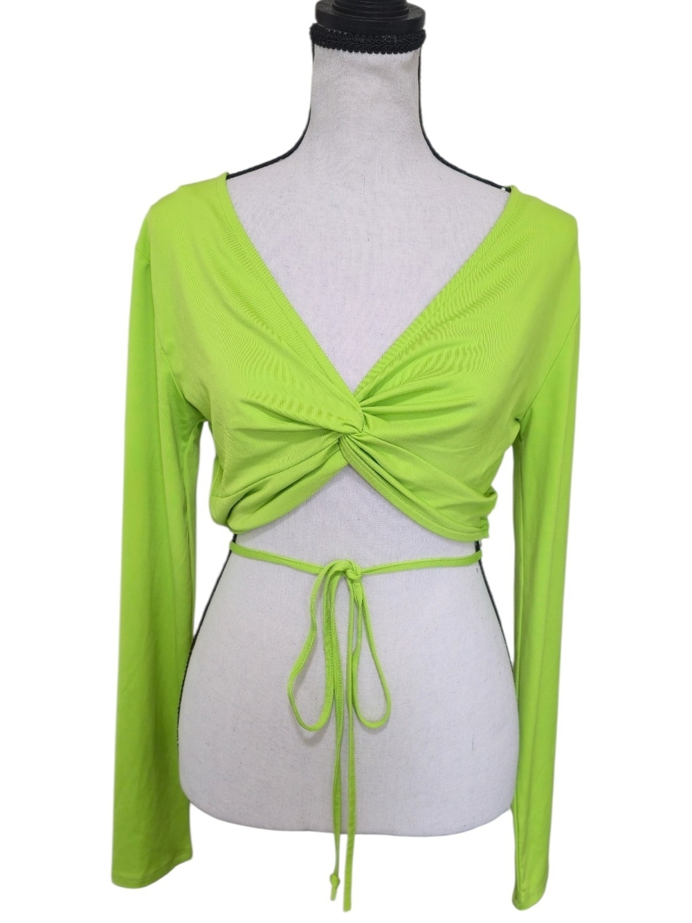 Just Polly Neon Lime Green Twist Front Tie Waist Crop Top Large Y2K Festival